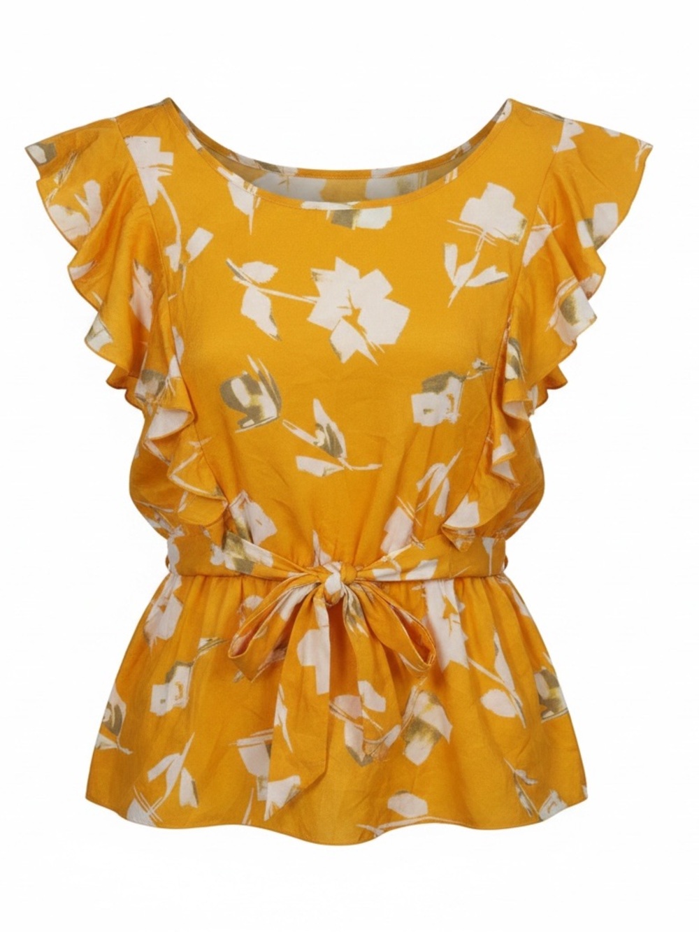 Banana Republic Mustard Yellow Floral Tie-Waist Ruffle Sleeve Blouse